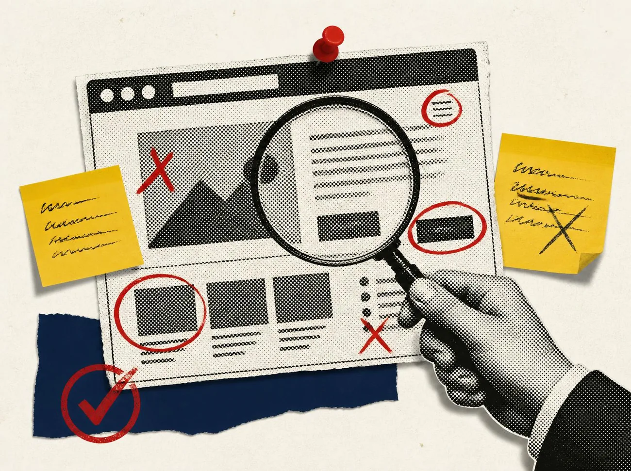 Collage of a hand holding a magnifying glass over a website with problems circled in red