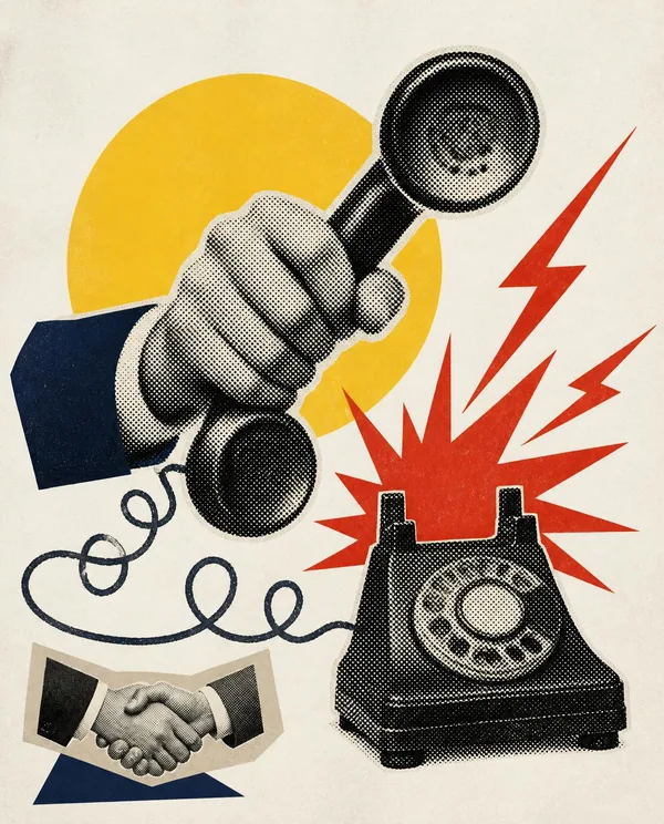 Collage of a hand lifting a ringing retro telephone