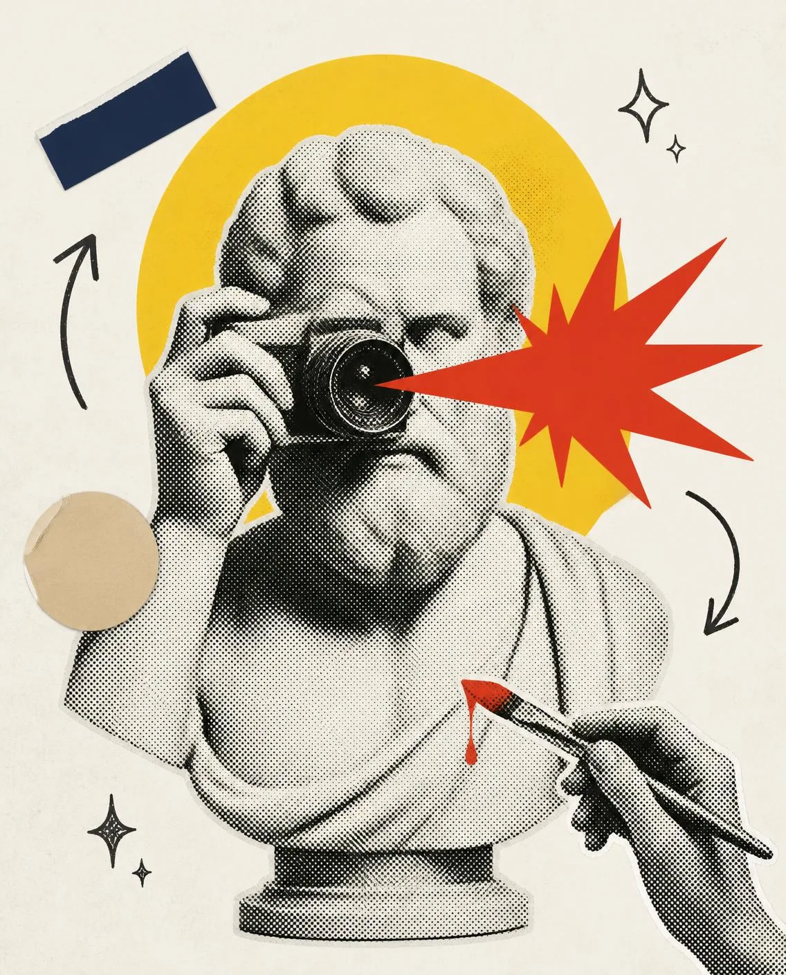 Halftone collage of a classical bust looking through a vintage camera
