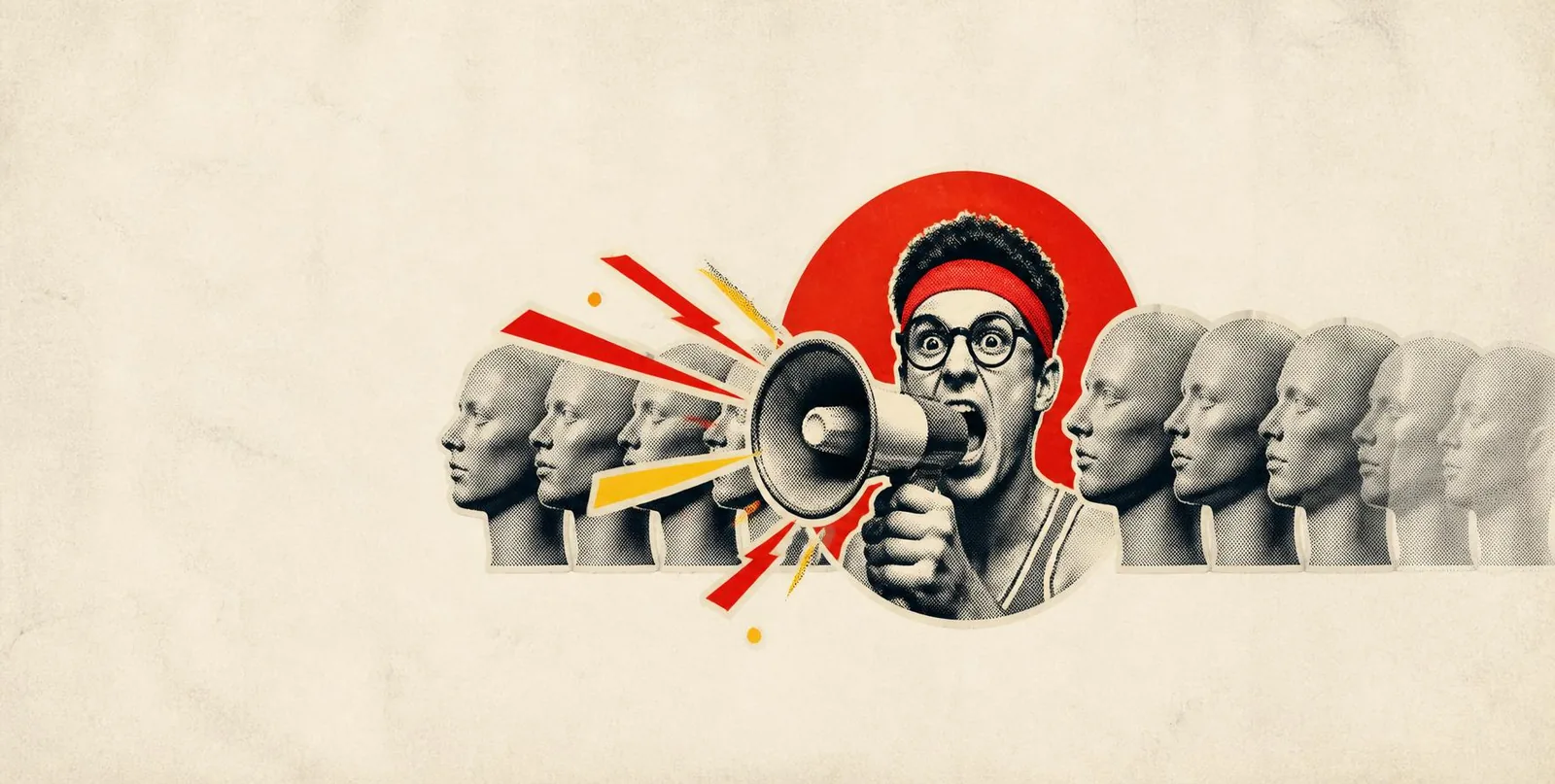 Collage of identical grey heads with one figure shouting through a megaphone